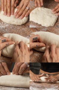 A person with tattoos kneads and shapes dough on a floured wooden surface. The images show the process of folding and forming the dough into a loaf.