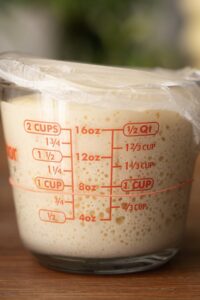 A glass measuring cup containing a bubbling levain, covered with plastic wrap. The glass is marked by a rubber band to track growth