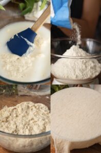 Collage of bread-making: a blue spatula in a mixture of water and levain, flour being poured into the bowl, then mixed into a shaggy dough, and covered with a cloth for rising.