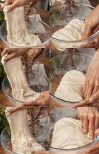 Collage of six images showing hands performing stretch and folds in a clear glass bowl. The sequence captures the process of stretching and folding the dough.