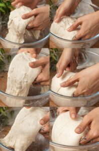 Collage of six images showing hands performing coil folds in a clear glass bowl. The sequence captures the process of stretching and tucking the dough into a coil shape.