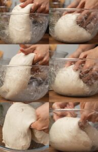 Collage of six images showing hands performing coil folds in a clear glass bowl. The sequence captures the process of stretching and tucking the dough into a coil shape.