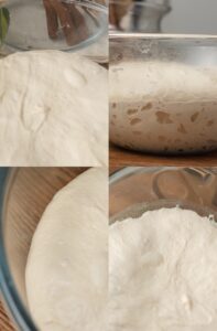 Four images of bread dough in a glass bowl. The top left shows a close-up of risen dough with bubbles, the top right displays risen dough with bubbles on the side and bottom, the bottom left features a view from the sides, and the bottom right shows how easily the dough separates from the bowl.