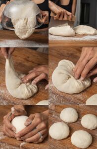 A person making bread: lifting risen dough from a bowl, dividing it with a scraper, folding in the edges, shaping a dough ball, and covering four dough balls on a floured surface.