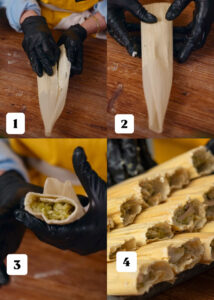 Four-step tamale preparation: 1) Person wearing black gloves places masa on a corn husk. 2) Corn husk folded. 3) Tamale showing green filling. 4) Steamed tamales with green filling displayed on a wooden surface.