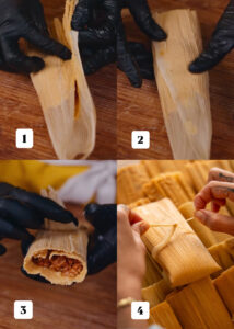 A step-by-step collage of making tamales: 1) Filling placed on corn husk, 2) Filling being wrapped, 3) A fully wrapped tamale, 4) Tamale tied with corn husk strips. Hands in black gloves perform the steps.