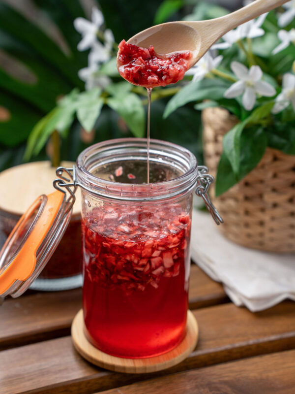 Strawberry cheong (Korean fruit syrup) with little chunks of strawberries.