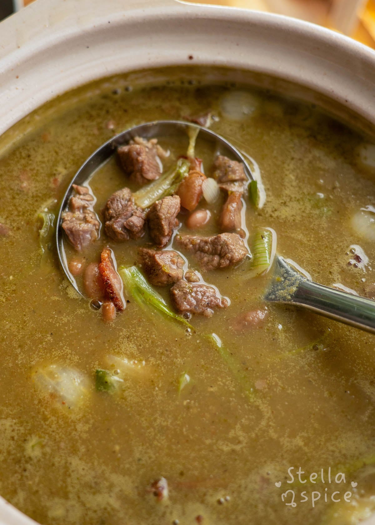 bacon, onions, and beans added to soup