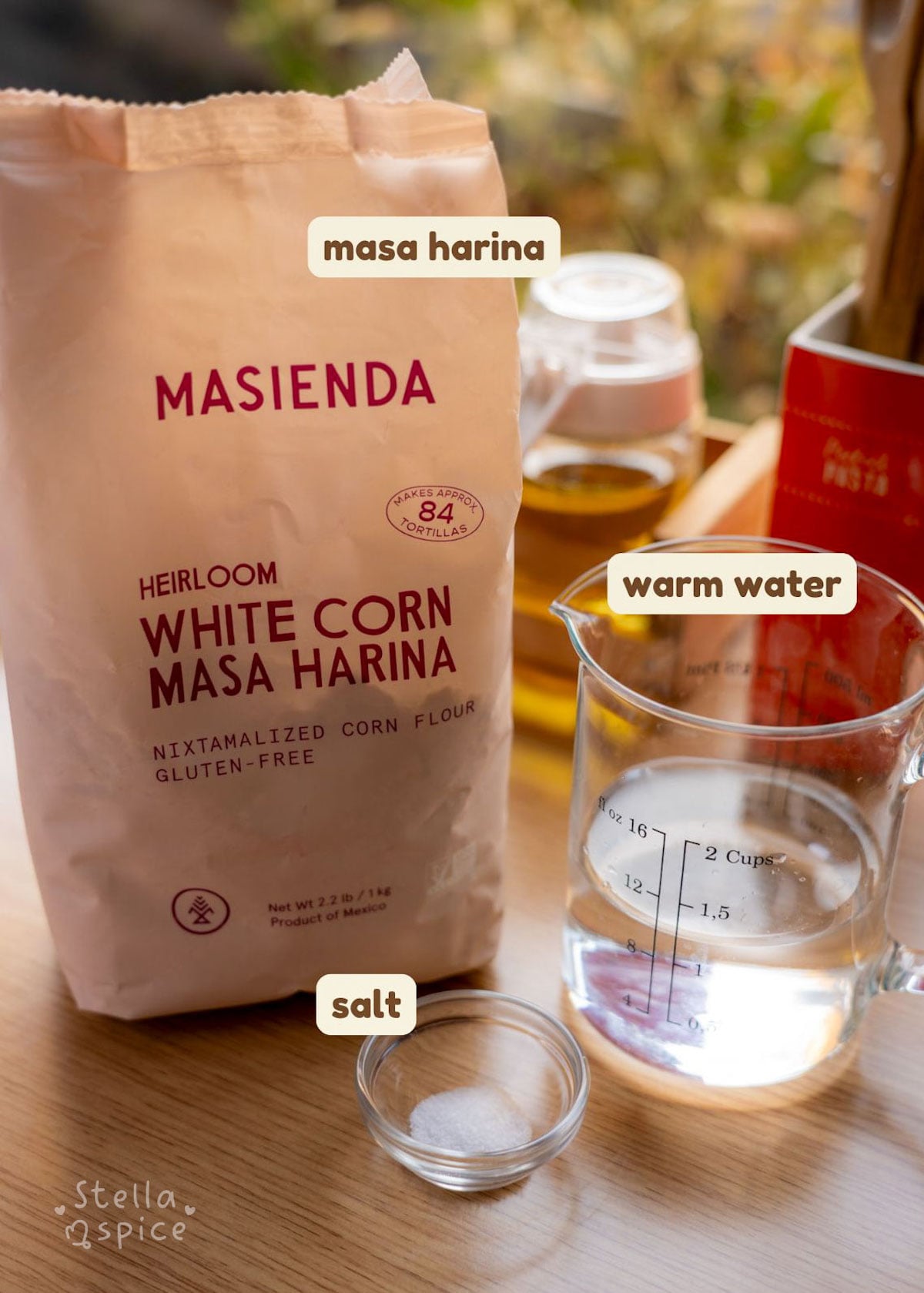 ingredients for corn tortillas: water, salt, masa harina
