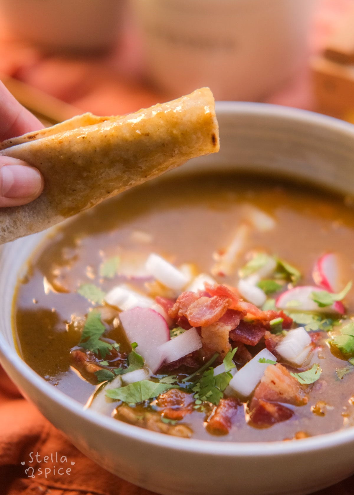 rolled tortilla dipped in carne en su jugo