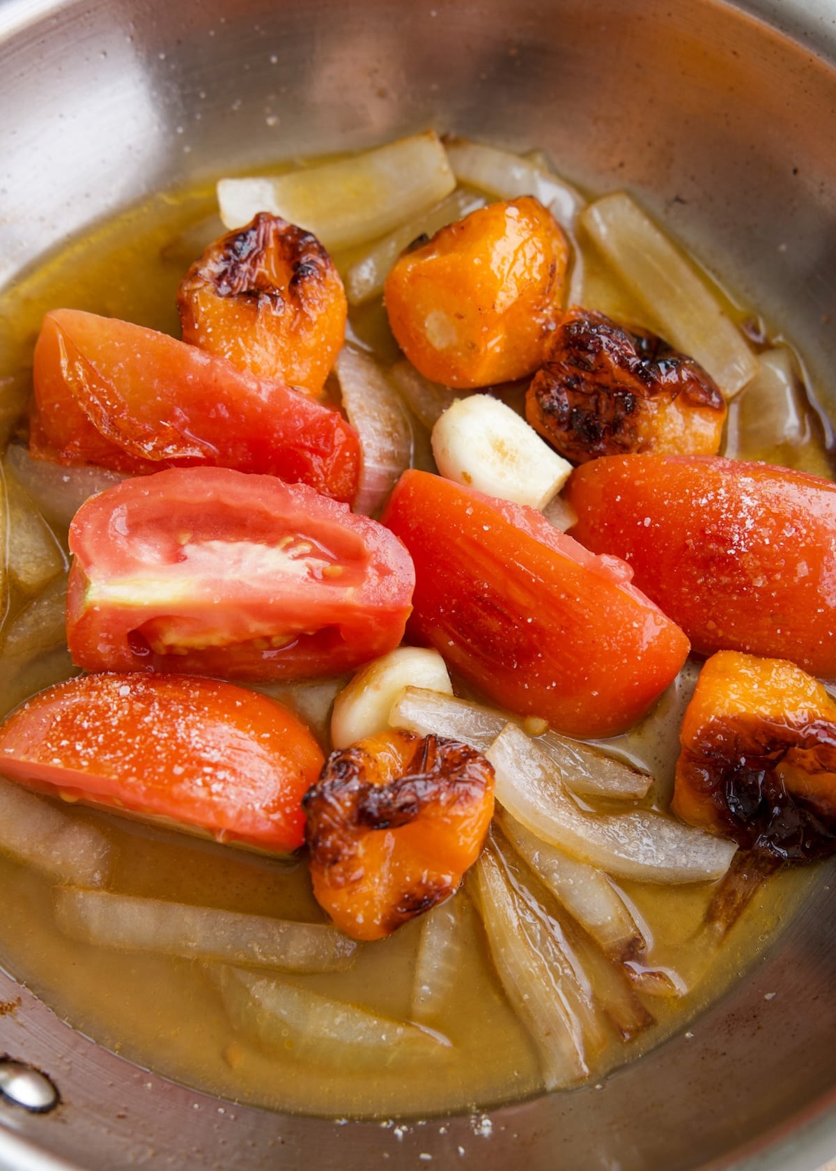 water and salt added to pan
